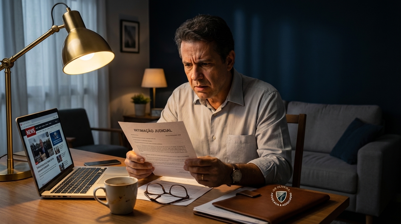 Cidadão brasileiro de meia idade com expressão de ansiedade revisando intimação em casa - competência criminal