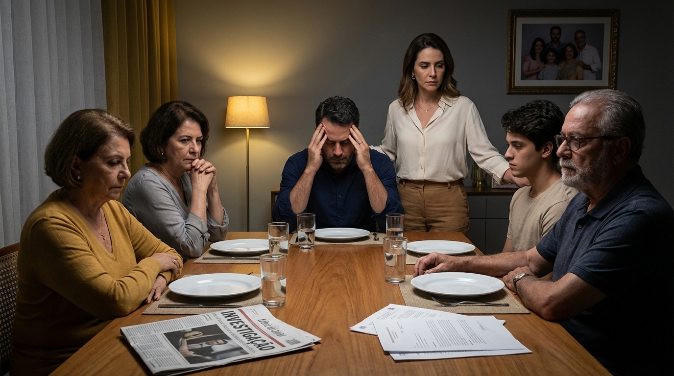 Família brasileira reunida na mesa de jantar com semblantes preocupados devido a investigações de direito penal econômico