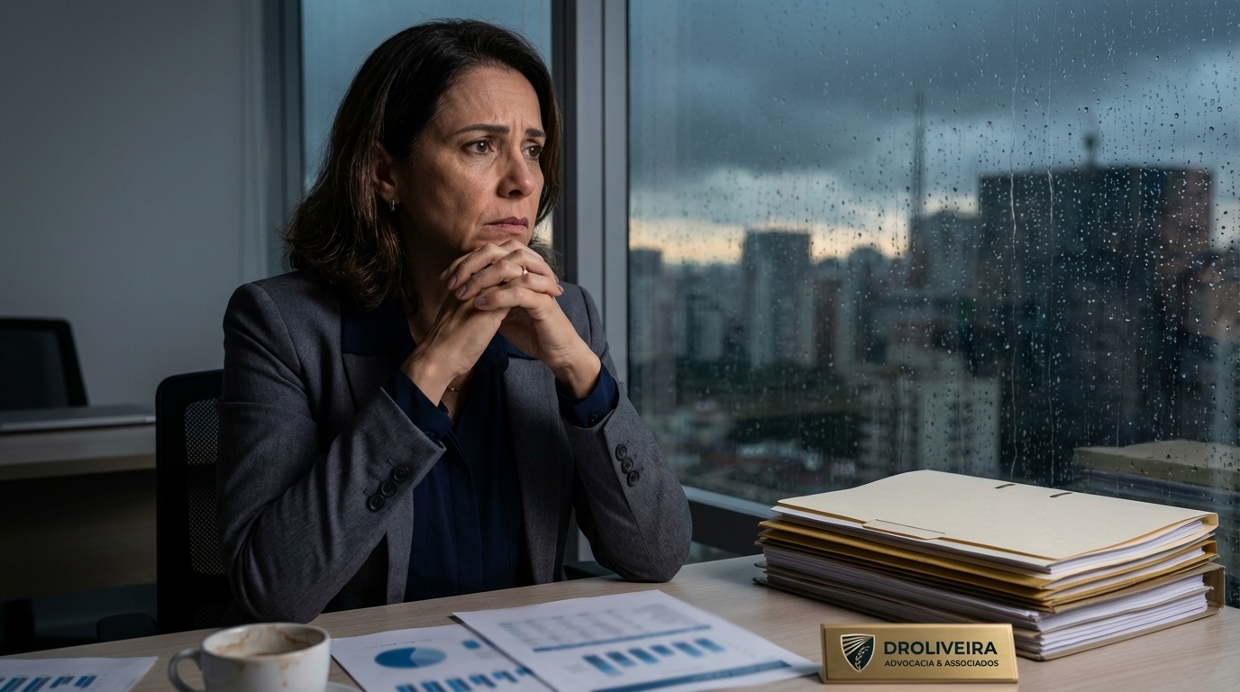 Executiva brasileira angustiada em seu escritório olhando pela janela, precisando de defesa criminal estratégica