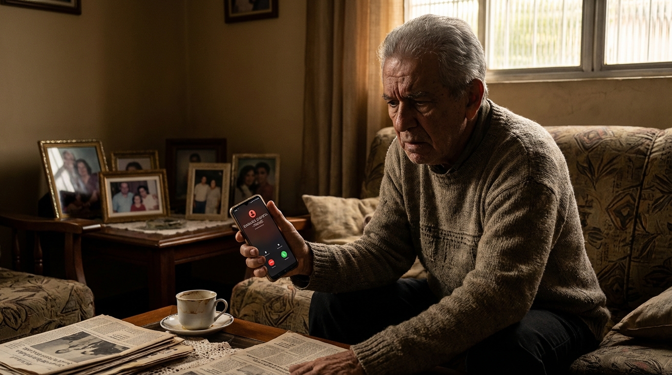 Idoso brasileiro preocupado olhando para a tela do celular com uma ligação suspeita na sala de estar