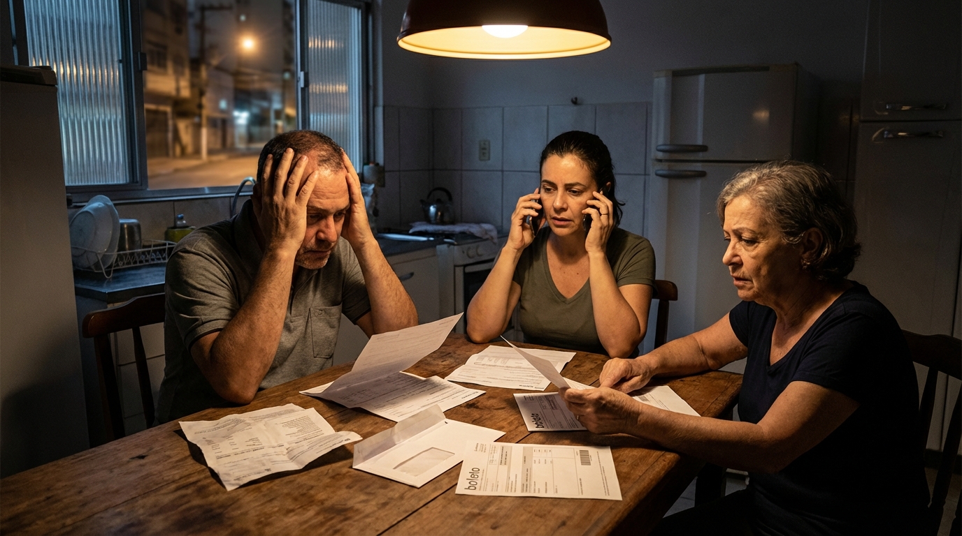Família brasileira angustiada revisando extratos bancários e boletos impressos na mesa da cozinha