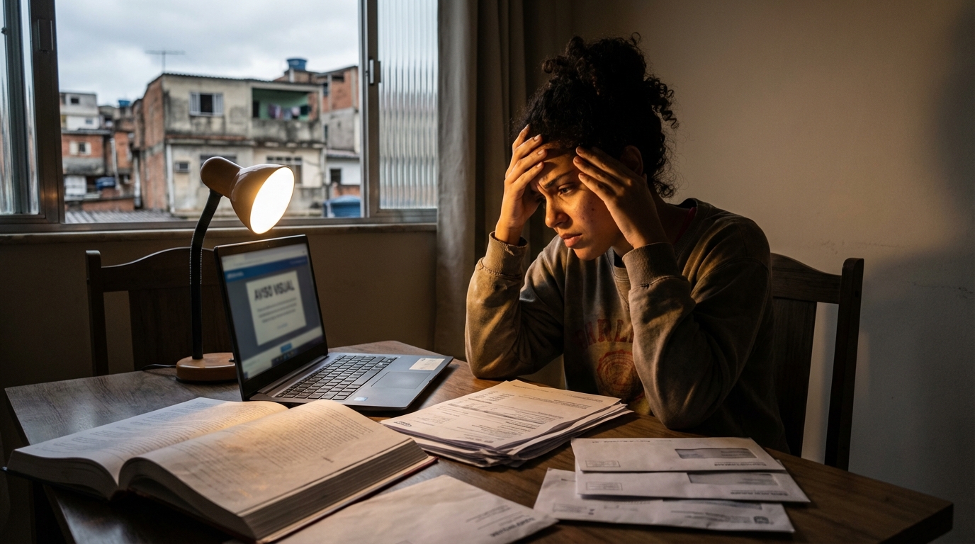 Mulher brasileira jovem e estudante visivelmente estressada diante do notebook com faturas