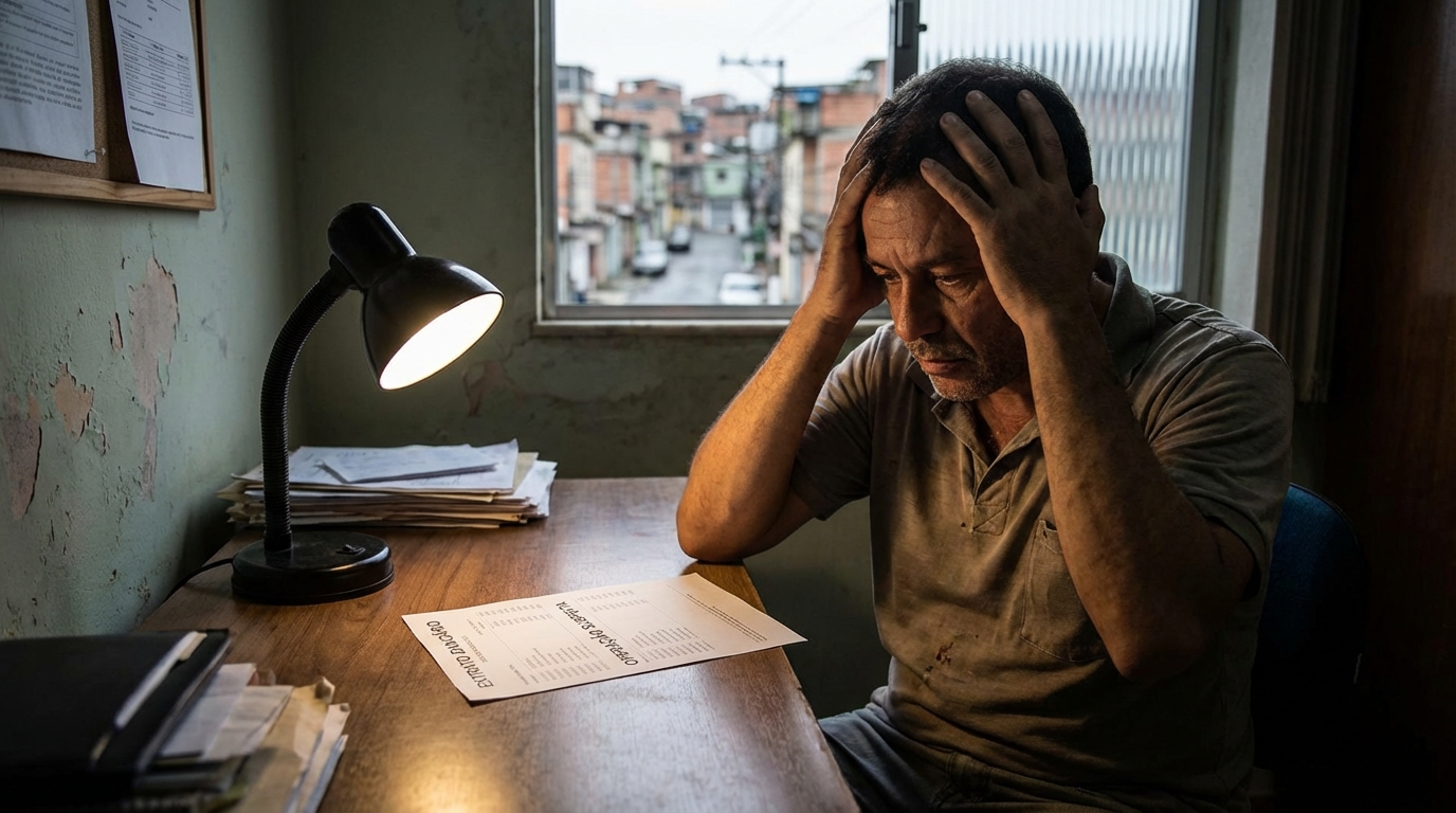 Trabalhador brasileiro desolado com as mãos na cabeça em um escritório modesto ao ver extrato