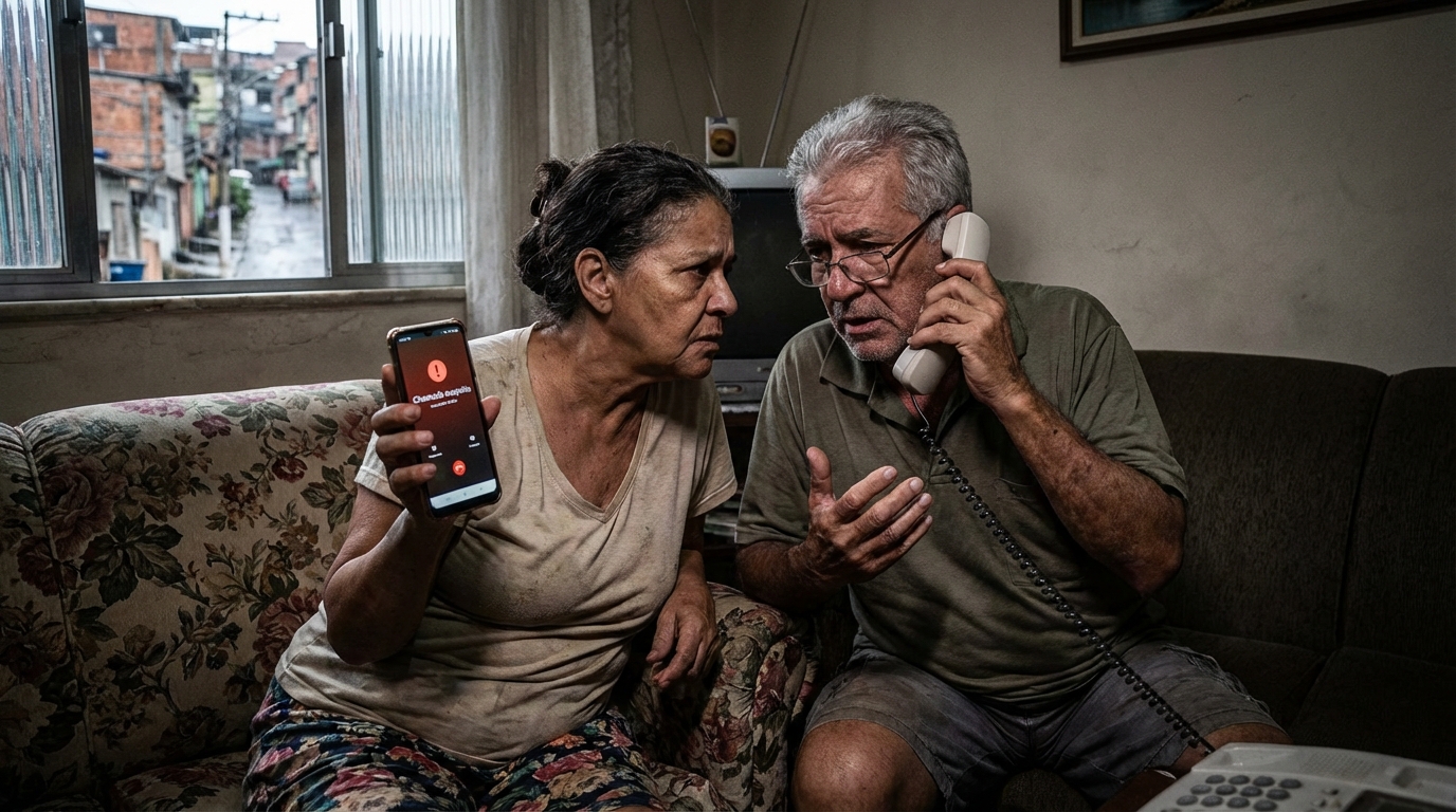 Casal brasileiro idoso conversando seriamente segurando um telefone fixo e um smartphone na sala