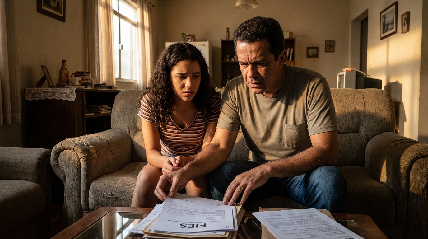 Pai e filha brasileiros ansiosos lendo um documento de financiamento estudantil no sofá da sala