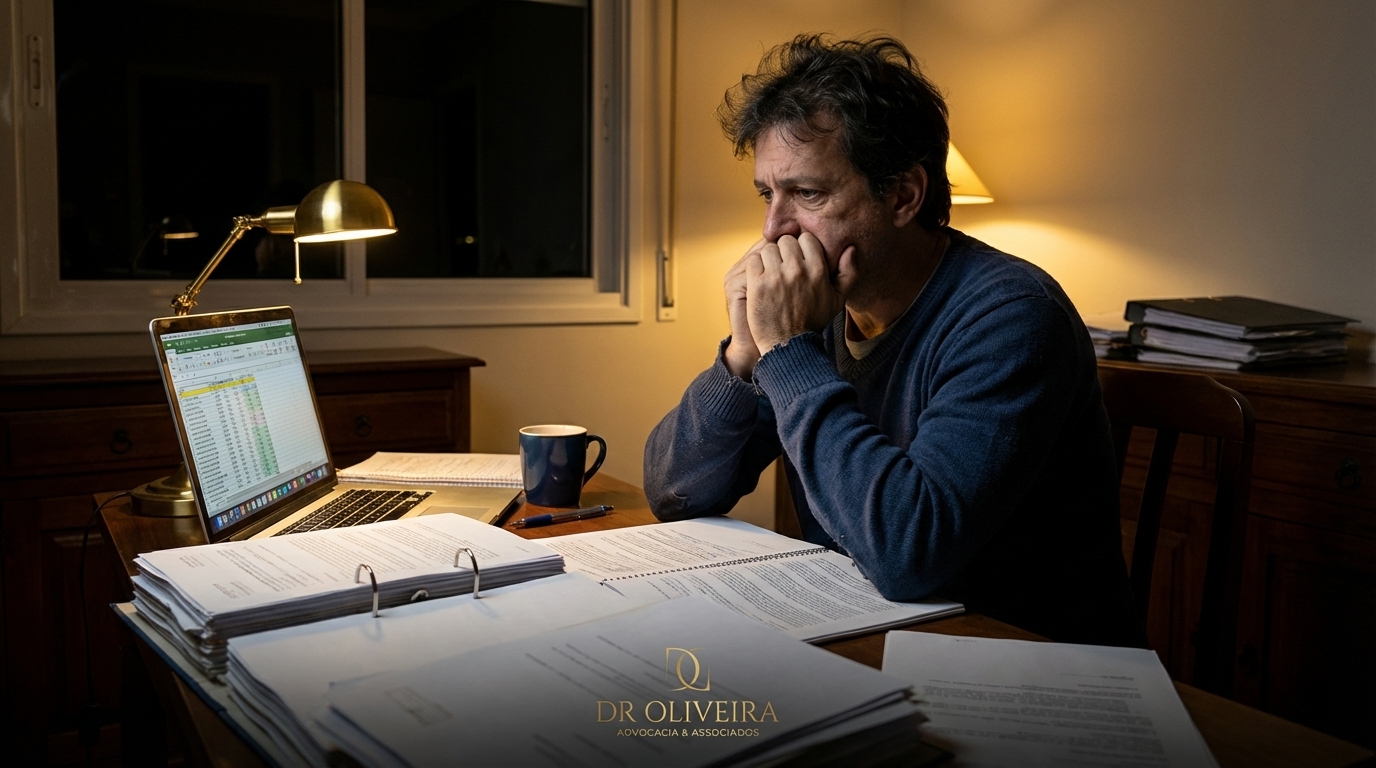 Empresário brasileiro angustiado revisando planilhas financeiras de madrugada em seu escritório, temendo investigação de crime financeiro Finep