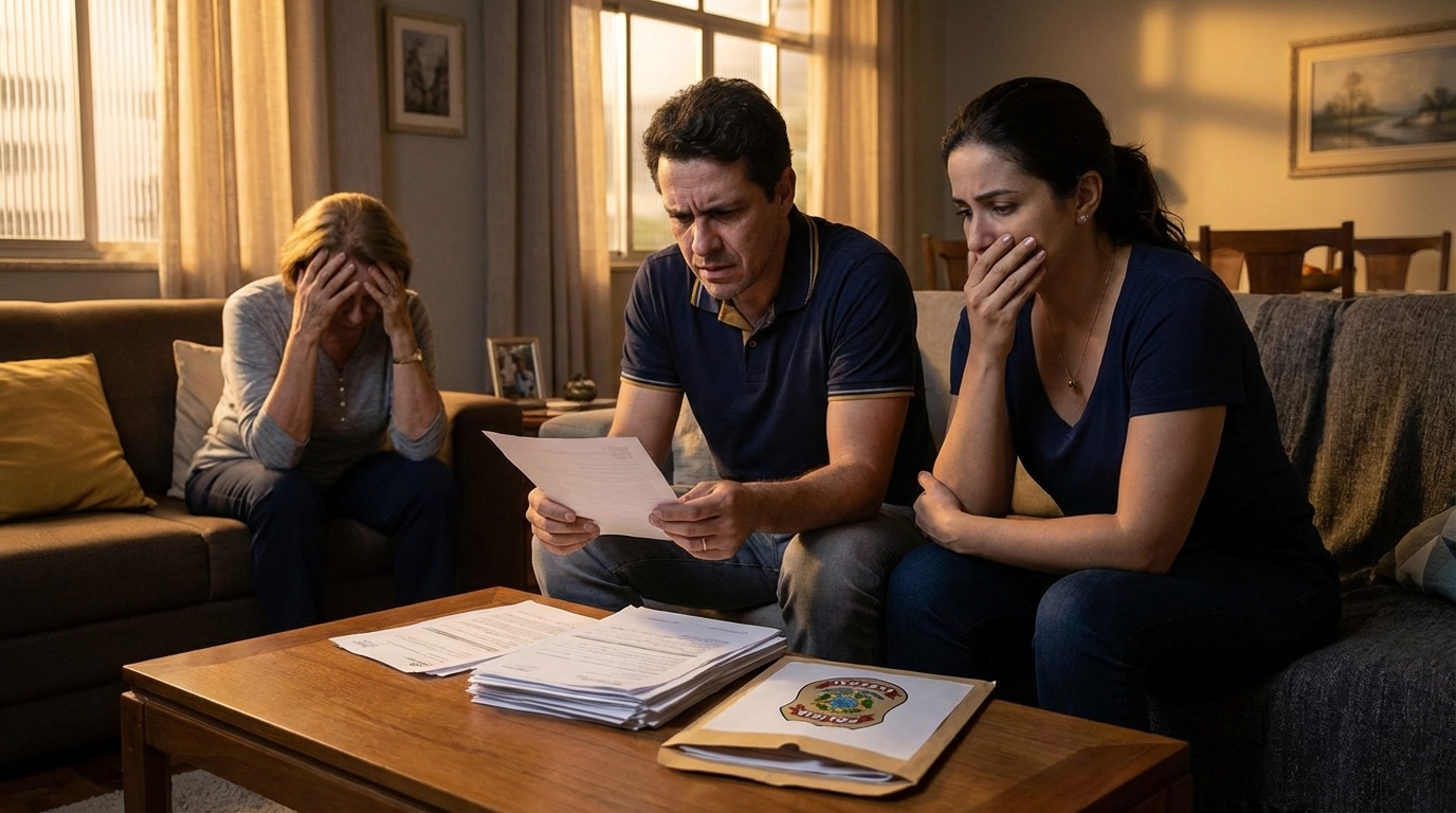 Família brasileira preocupada na sala de estar discutindo o risco de perda de bens e compliance empresarial após notificação da Polícia Federal