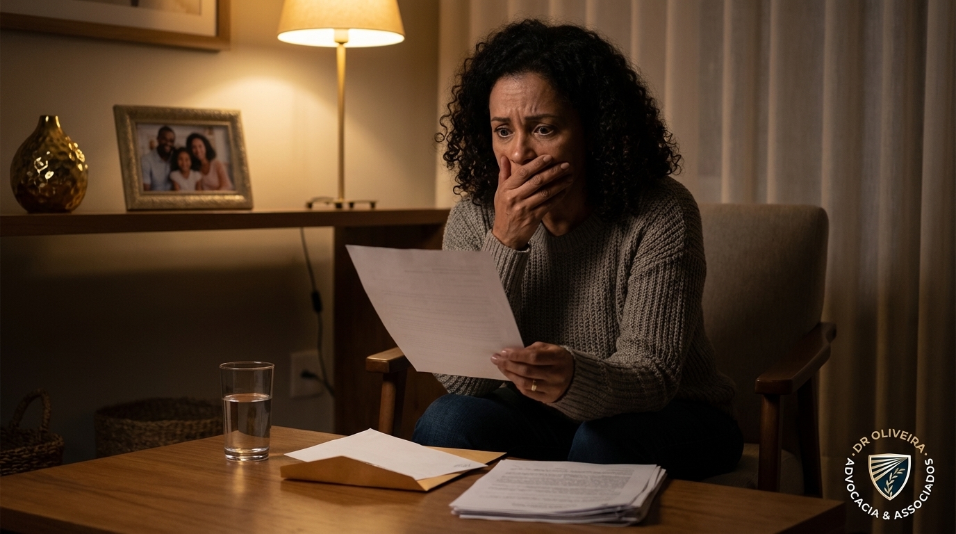 Diretora comercial brasileira em estado de choque lendo intimação judicial em sua casa, refletindo os perigos do direito penal econômico