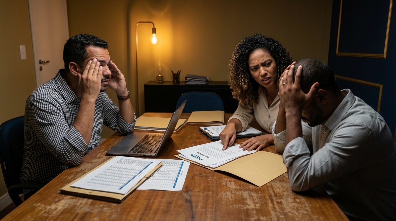 Pequenos empresários brasileiros debatendo tensos sobre fraude em financiamento e a necessidade de um advogado criminalista SP em volta de uma mesa de escritório