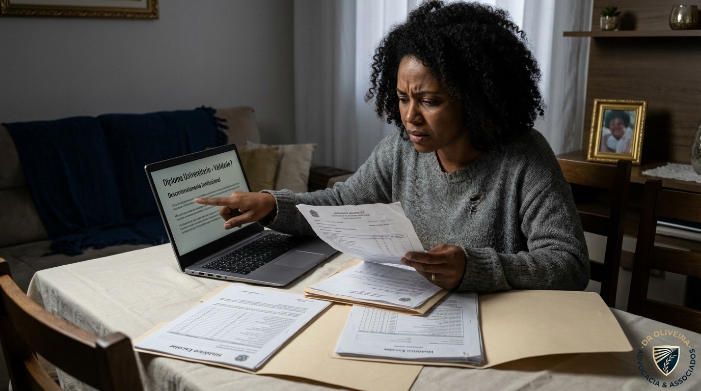 Estudante brasileira negra preocupada revisando histórico escolar e documentos universitários na mesa de casa - fraude em diplomas