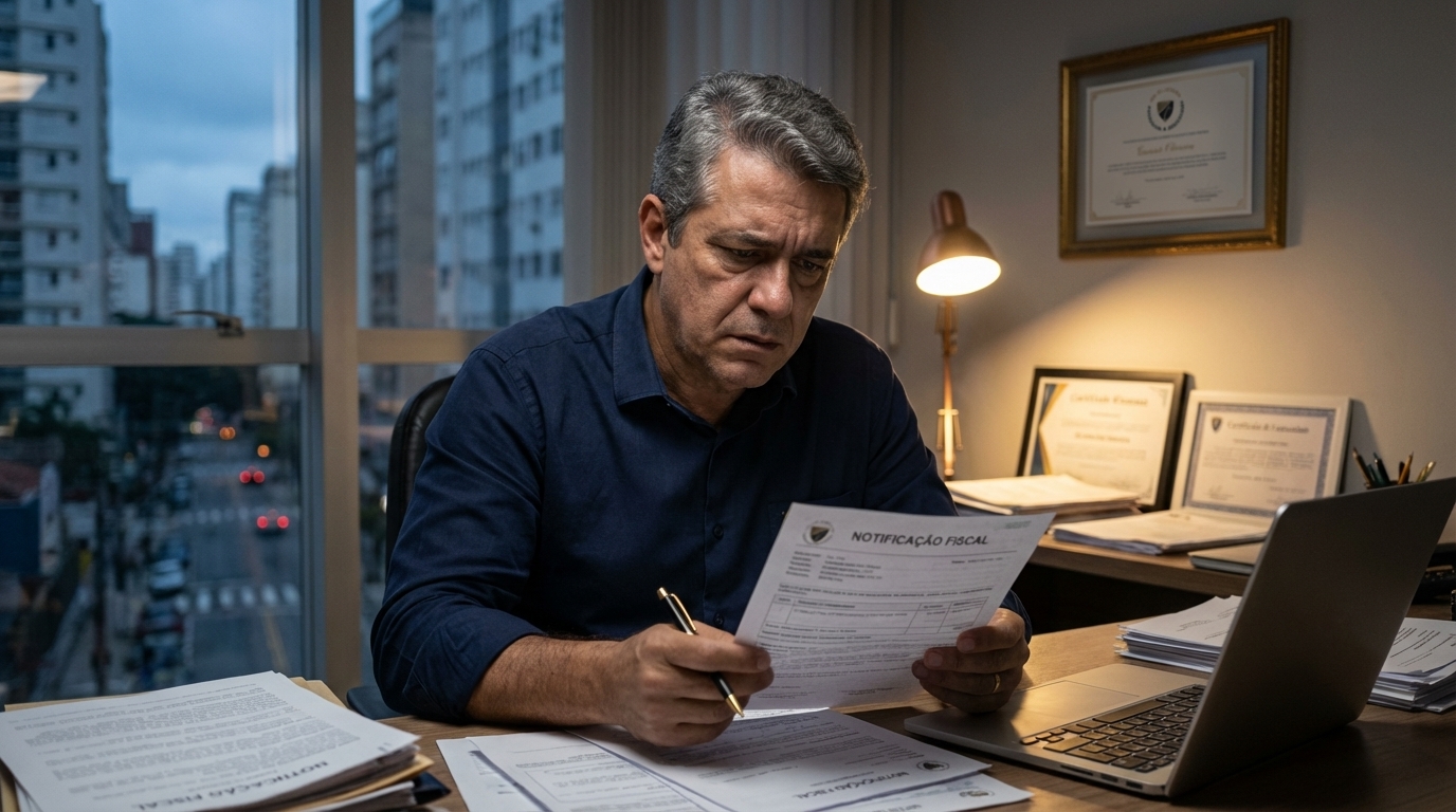 Gestor educacional brasileiro de meia idade em escritório analisando notificação fiscal com expressão de preocupação profunda - responsabilidade penal diretores