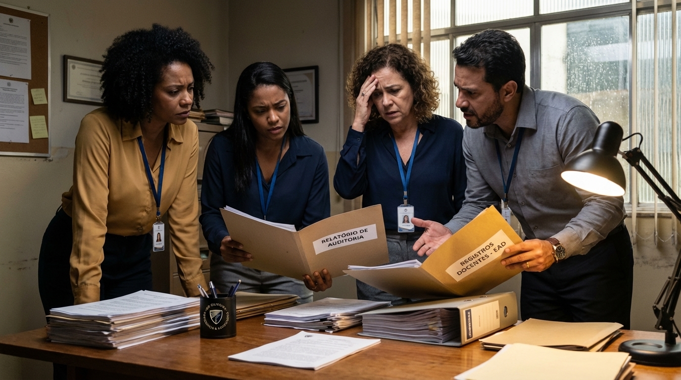 Grupo de funcionários administrativos brasileiros diversificados em reunião analisando pastas de compliance educacional - crimes empresariais educação