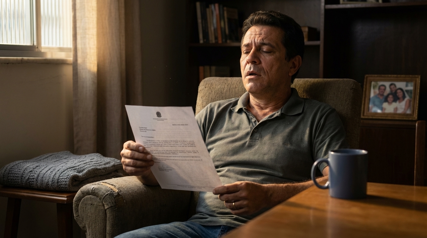 Cidadão brasileiro em casa lendo uma carta formal com expressão de alívio após decisão judicial - defesa criminal executivos