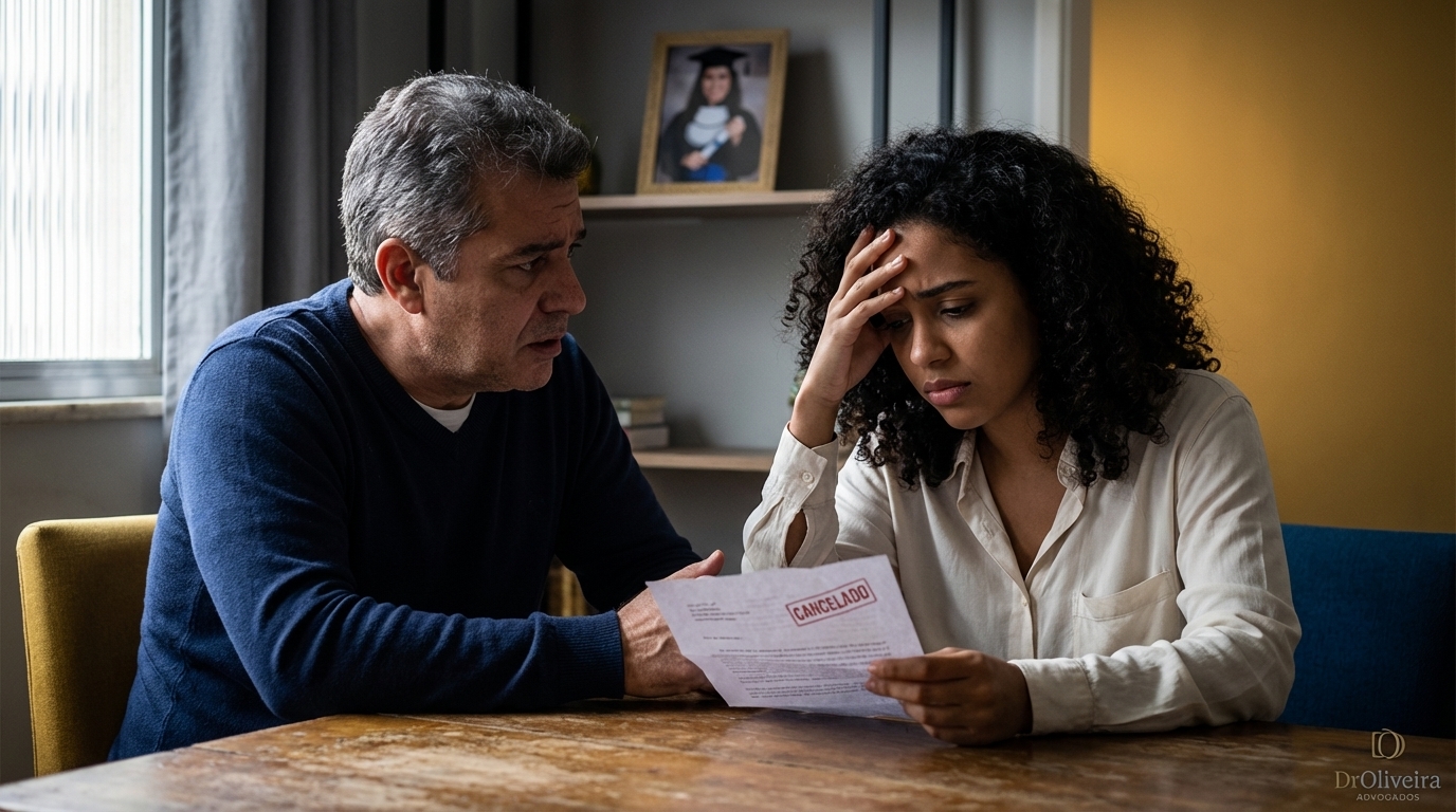 Pai e filha brasileiros em casa conversando apreensivos sobre o cancelamento da formatura universitária - advogado criminalista São Paulo