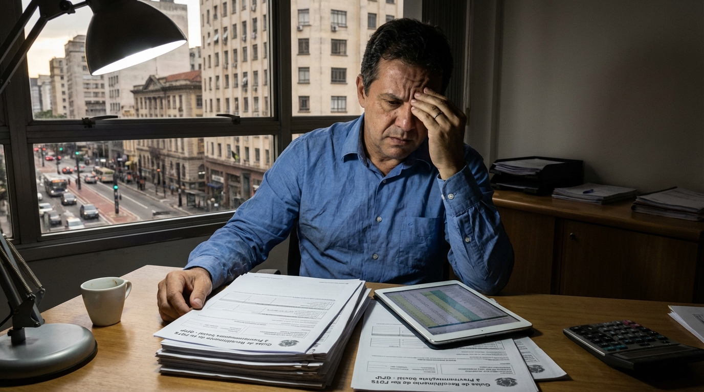 Empresário brasileiro preocupado analisando guias de recolhimento de impostos em seu escritório com foco no compliance fiscal previdenciário