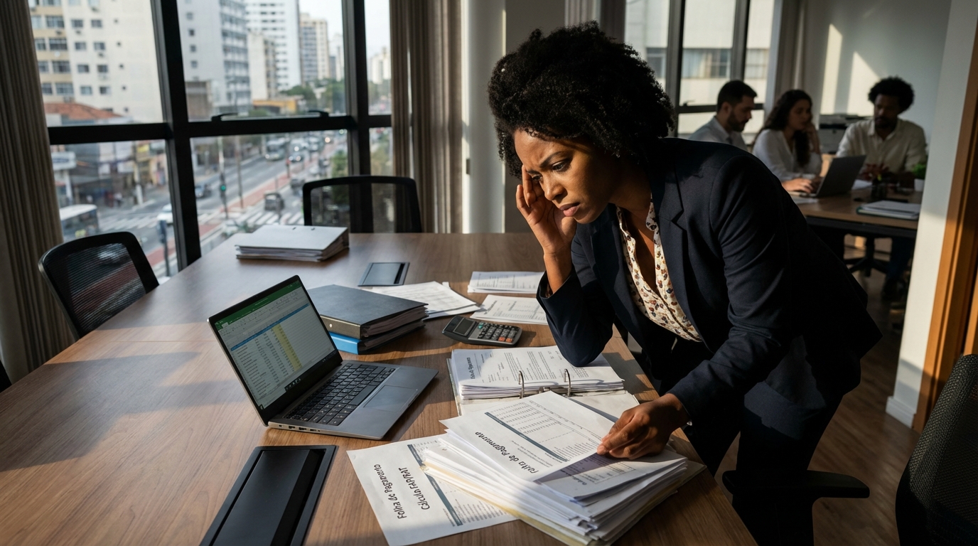 Gestora de RH brasileira negra em mesa de reunião revisando folhas de pagamento e calculando FAP e RAT