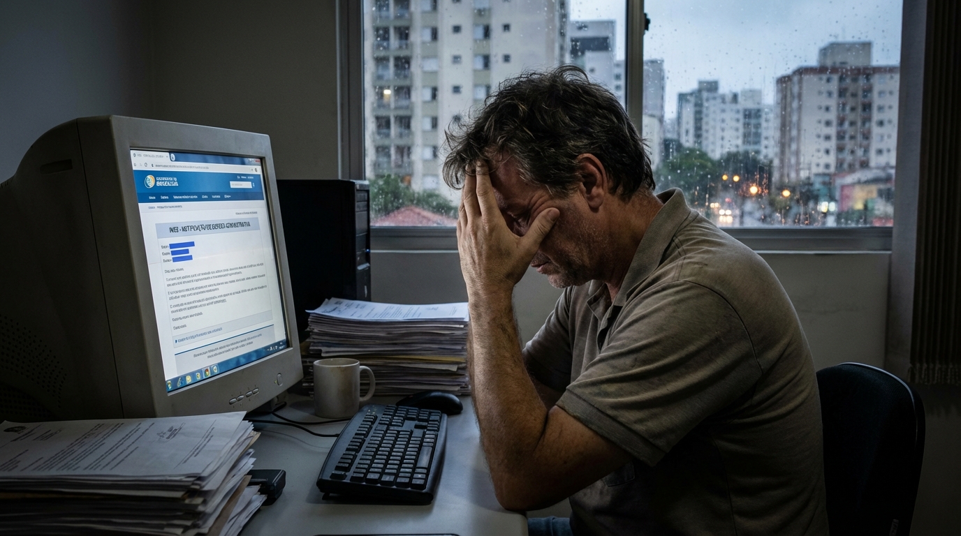 Pequeno empresário brasileiro com as mãos na cabeça diante do computador assustado com notificação de defesa administrativa INSS empresa