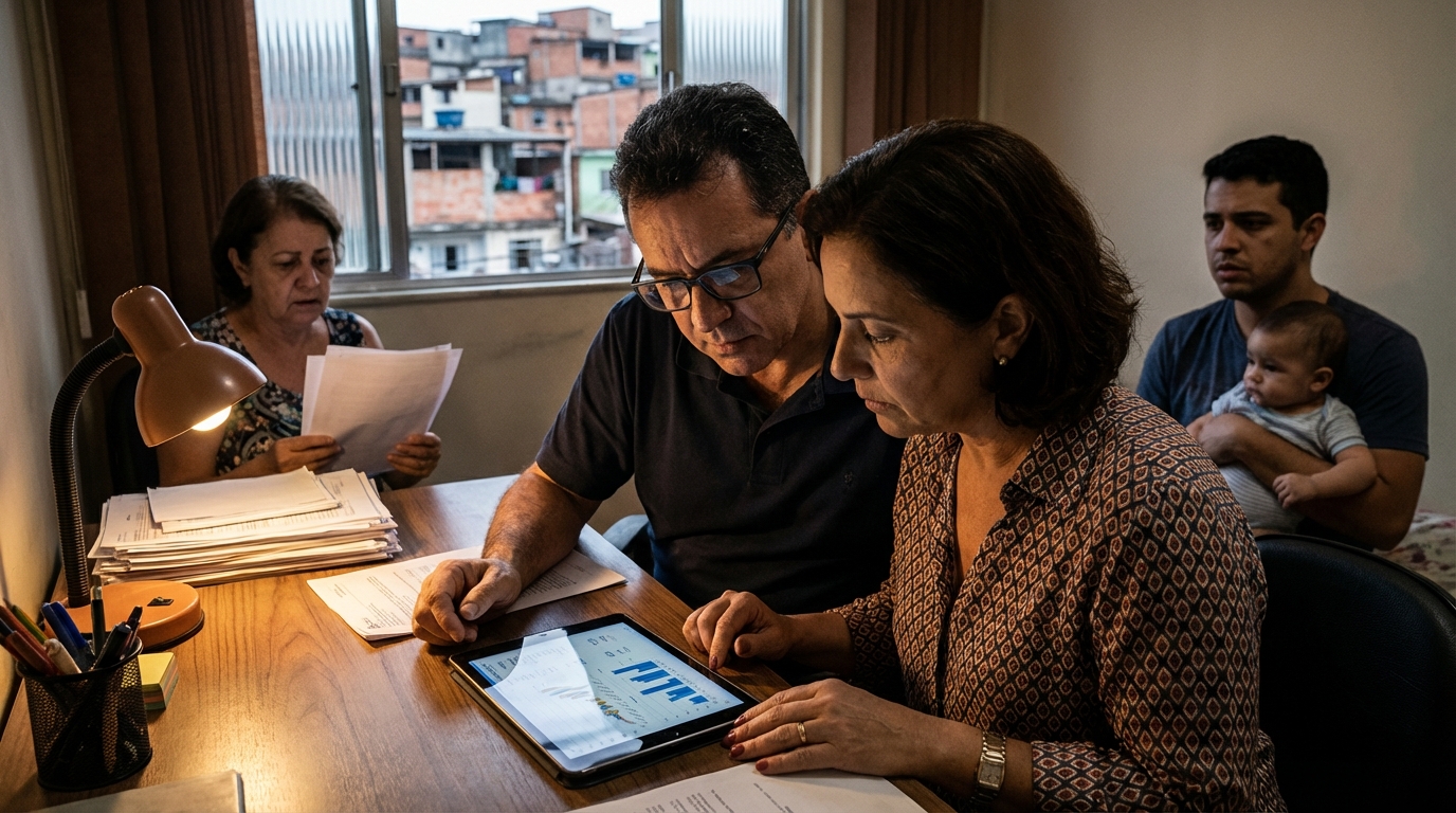 Contadores brasileiros analisando gráficos financeiros em tablet buscando soluções de planejamento tributário folha de pagamento