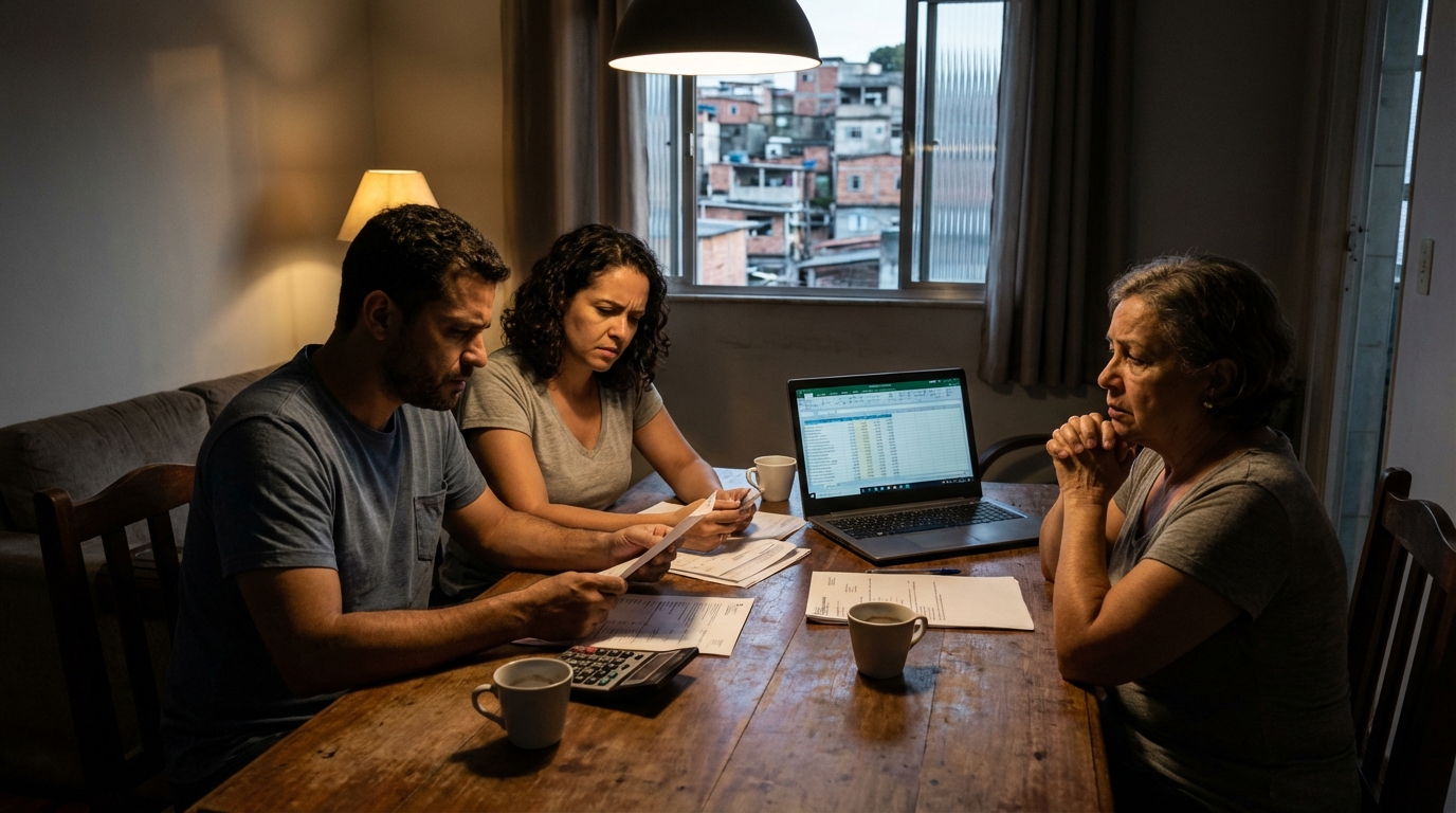 Família brasileira de classe média na sala de estar discutindo preocupações financeiras após corte de renda familiar