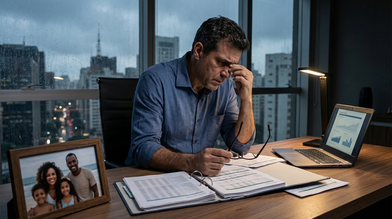 Diretor financeiro brasileiro analisando fluxo de caixa com expressão concentrada em escritório de São Paulo - reestruturação de empresas