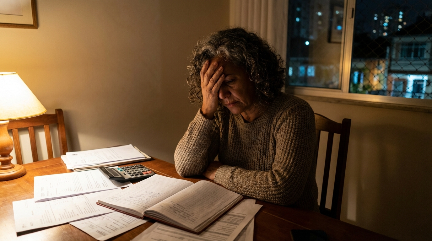 Empresária brasileira revisando documentos tributários da empresa na mesa de jantar de sua casa com semblante de preocupação - planejamento tributário