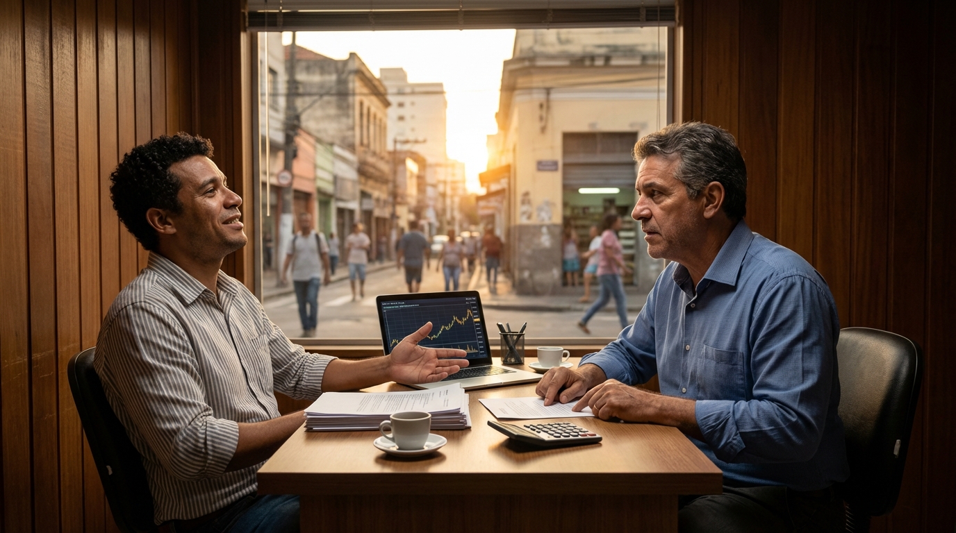 Empreendedor brasileiro aliviado conversando com contador financeiro sobre a aprovação de crédito e expansão de mercado