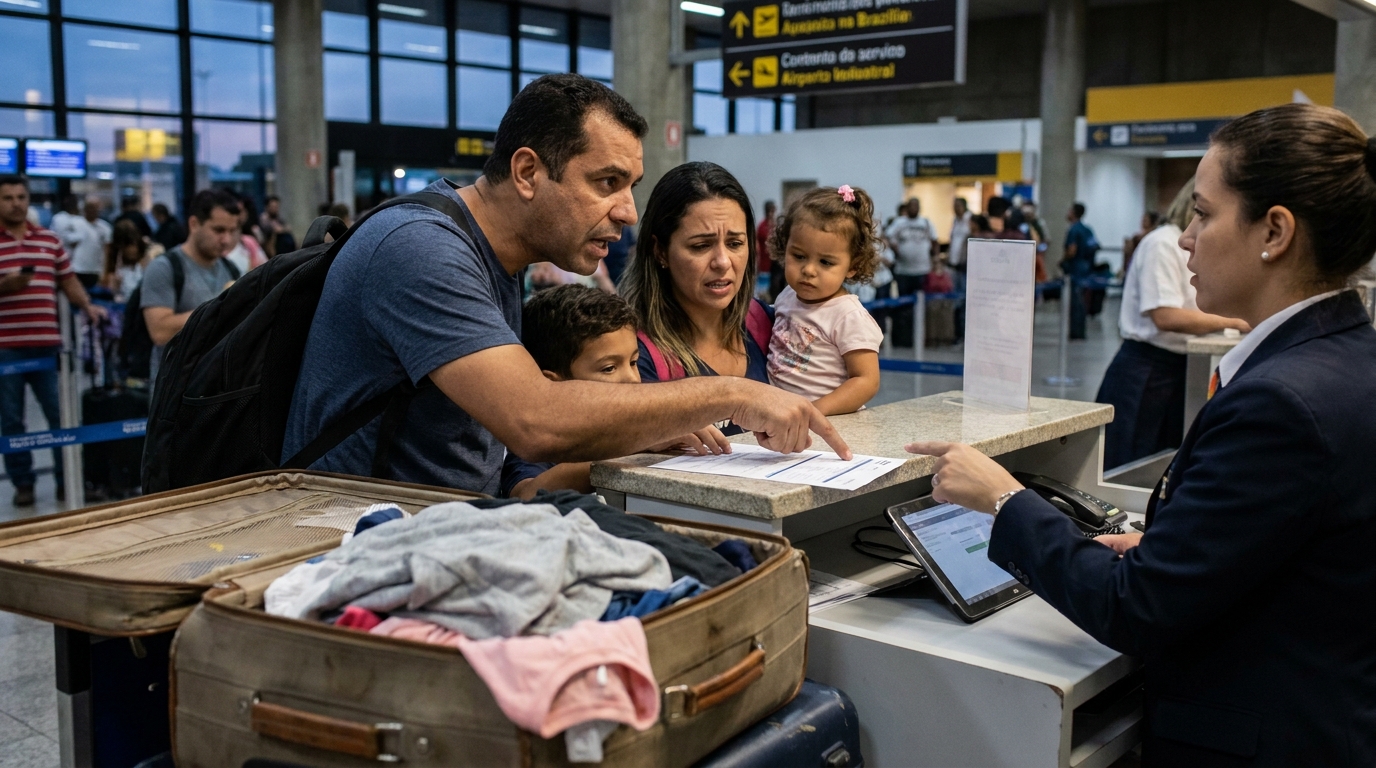 Família brasileira preocupada no aeroporto preenchendo formulários de perda de mala com expressões de angústia - Furto e Extravio de Bagagem