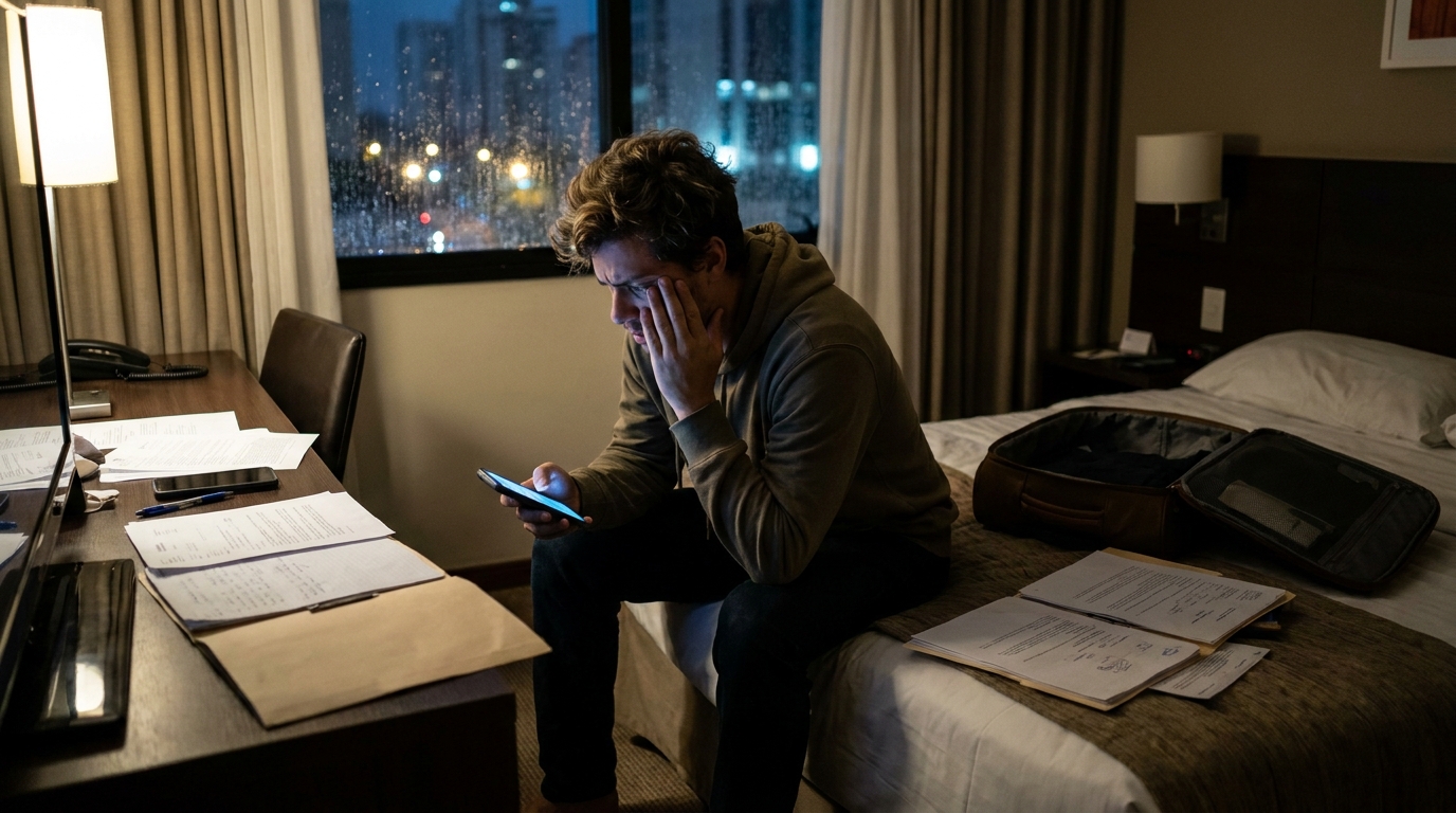 Estudante universitário brasileiro frustrado lendo documentos e notificações no celular em um quarto de hotel - Defesa Legal contra Companhias Aéreas