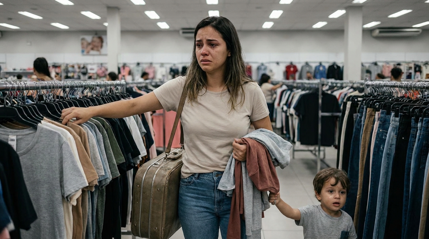 Jovem mãe brasileira angustiada comprando roupas de emergência em loja após perder mala em viagem - Assistência Material