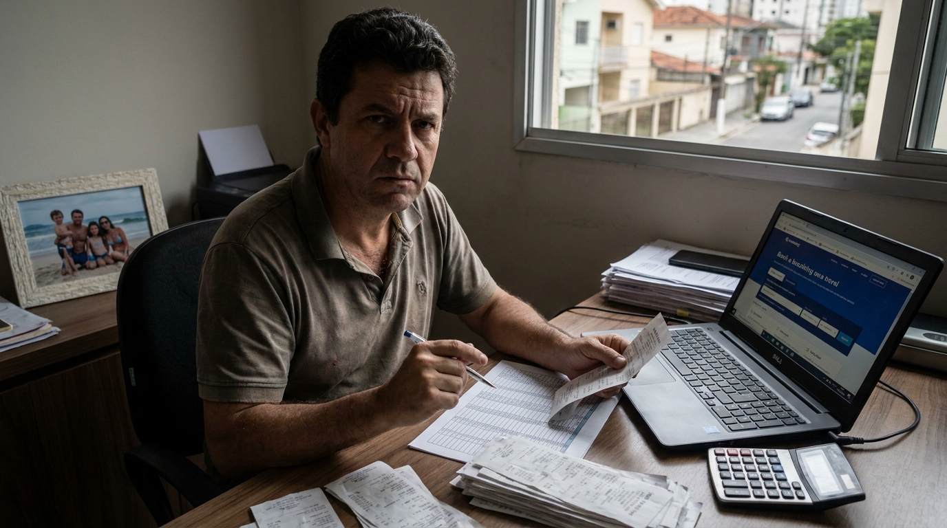 Pai de família brasileiro organizando notas fiscais e recibos em uma mesa de escritório doméstico com expressão séria - Danos Materiais