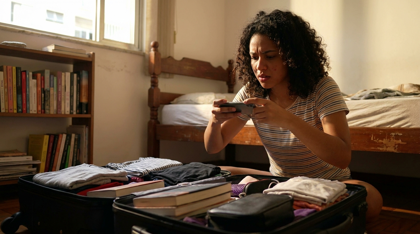 Jovem estudante brasileira fotografando o interior de sua mala aberta cheia de roupas e livros antes de viajar - Prevenção Legal