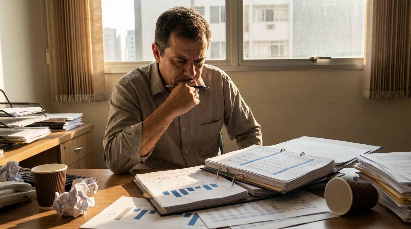 Cidadão brasileiro empresário com expressão pensativa analisando gráficos financeiros em seu escritório - Planejamento Tributário