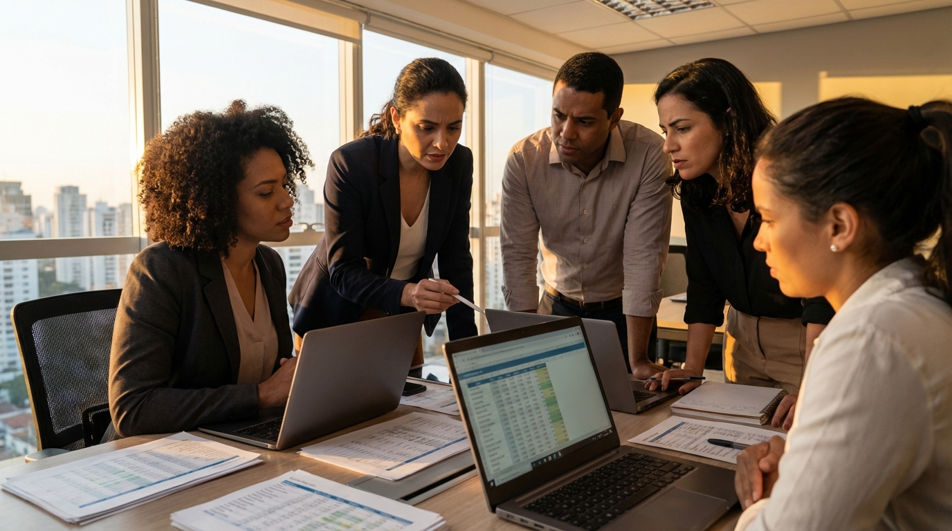 Gestora financeira brasileira revisando planilhas de compliance fiscal com equipe diversa - Due Diligence Fiscal