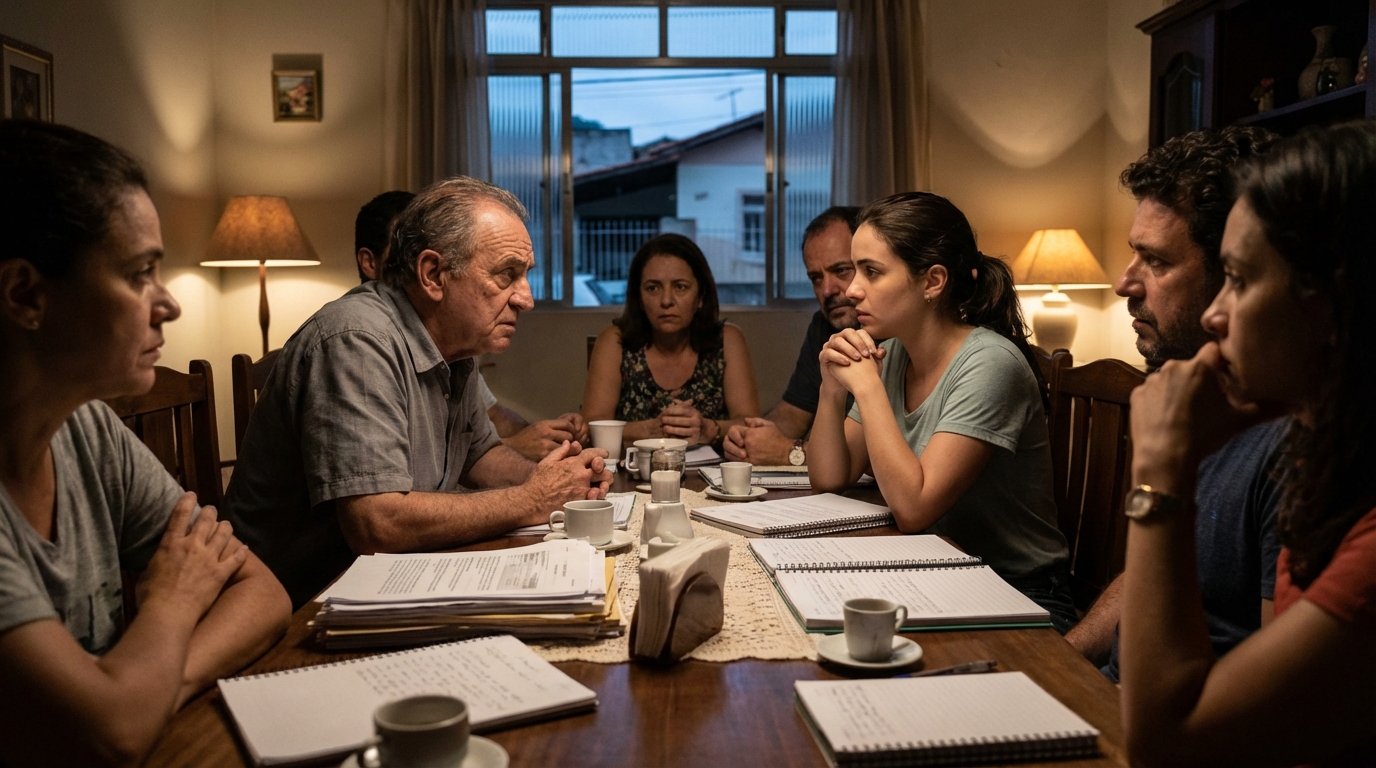 Família de empresários brasileiros discutindo o futuro da empresa familiar na mesa de jantar - Sucessão Tributária