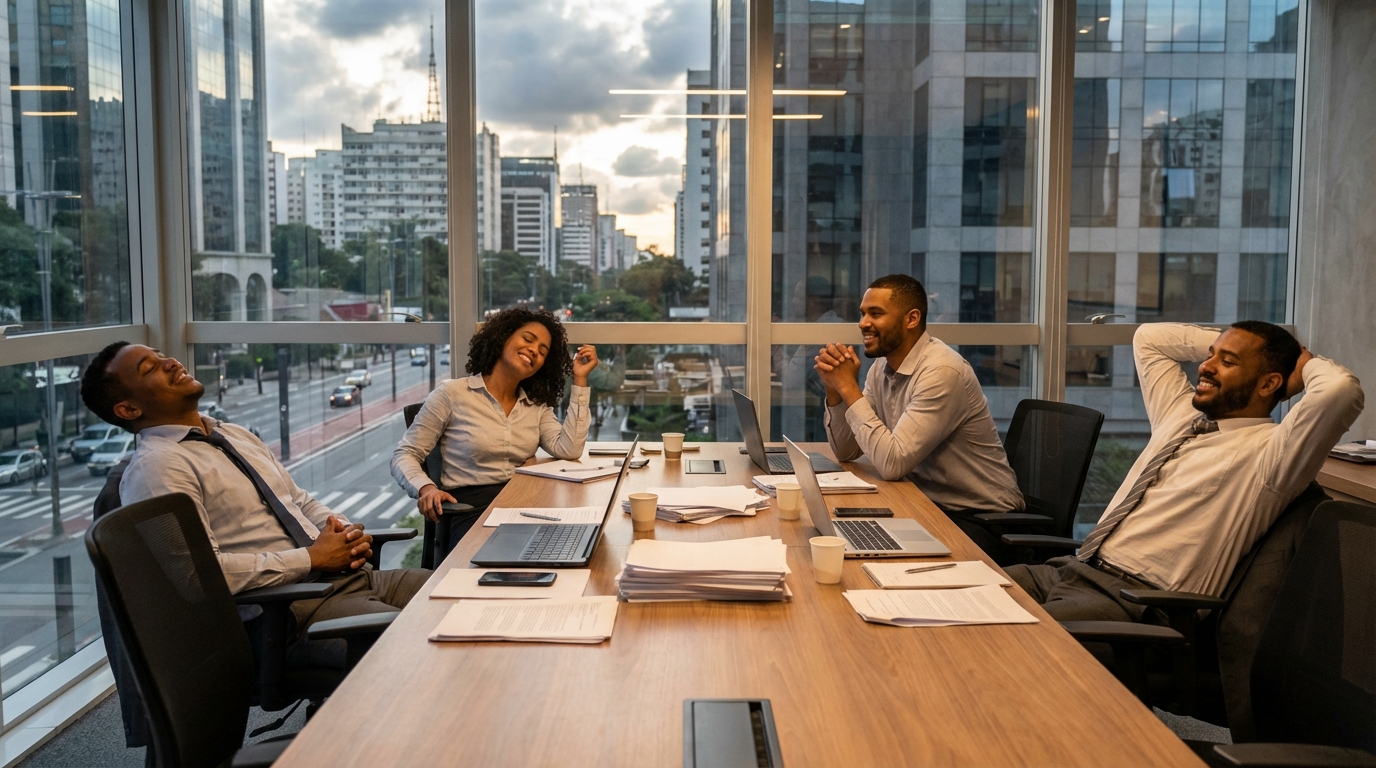 Contadores brasileiros aliviados após conclusão de auditoria em sala de reunião moderna - Direito Societário