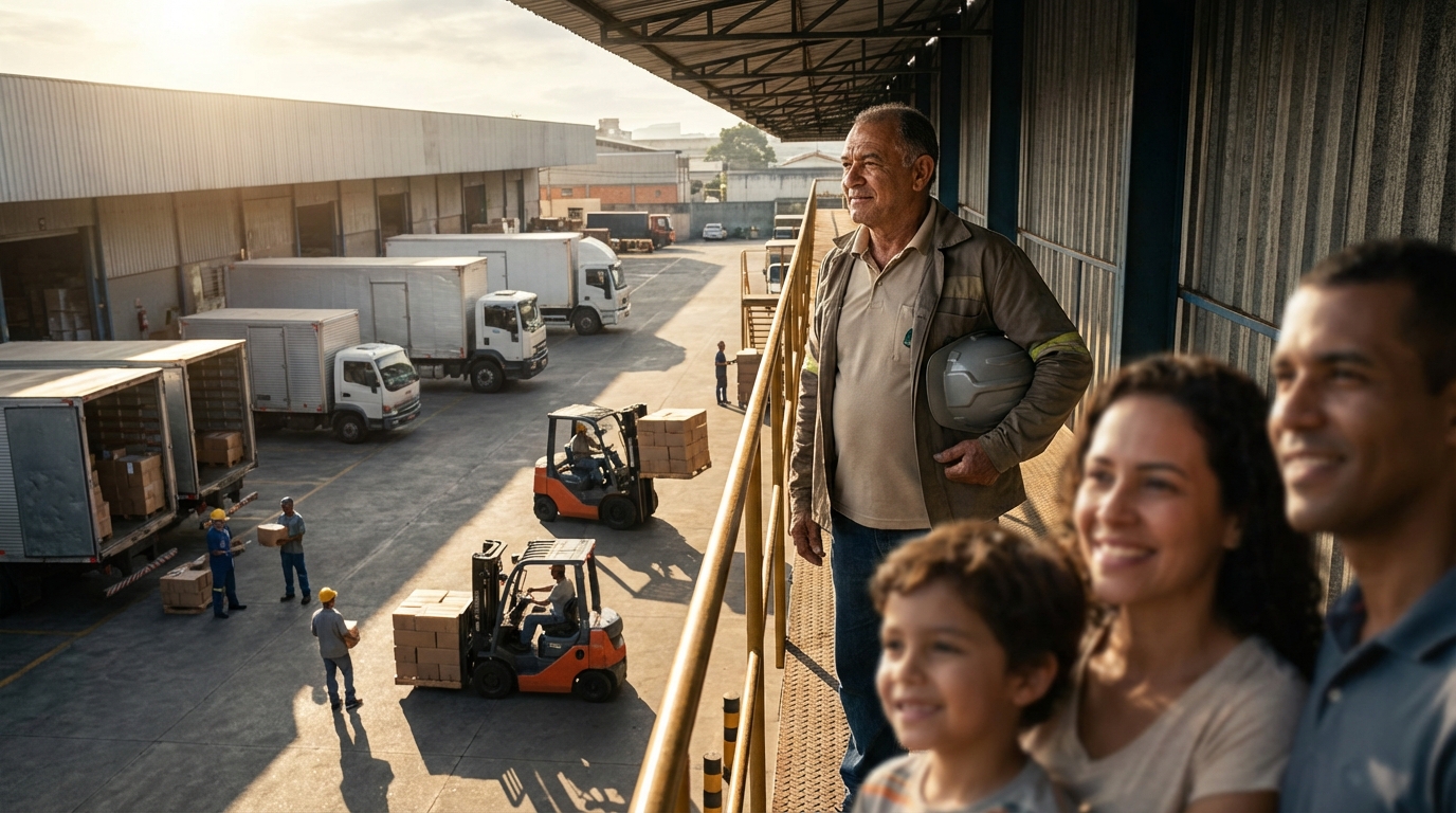 Empreendedor brasileiro orgulhoso em frente ao seu negócio em expansão - Fusões e Aquisições