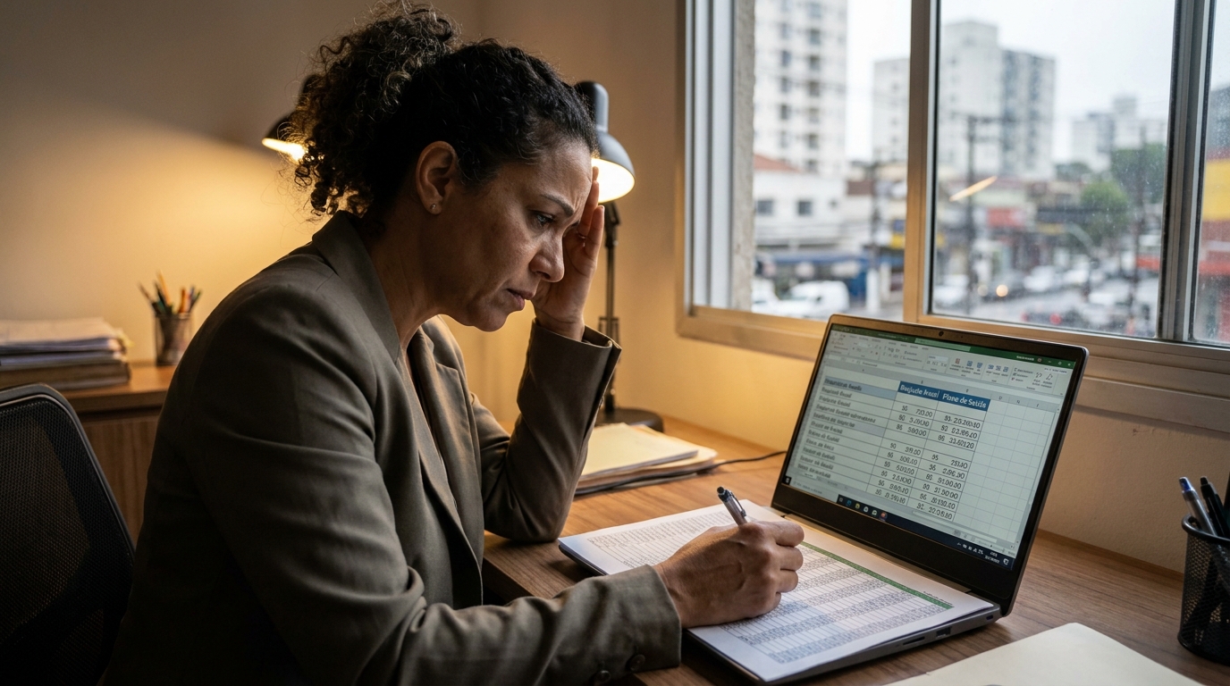 Empresária brasileira preocupada analisando planilha de custos do plano de saúde corporativo em seu escritório enfrentando reajuste abusivo plano de saúde