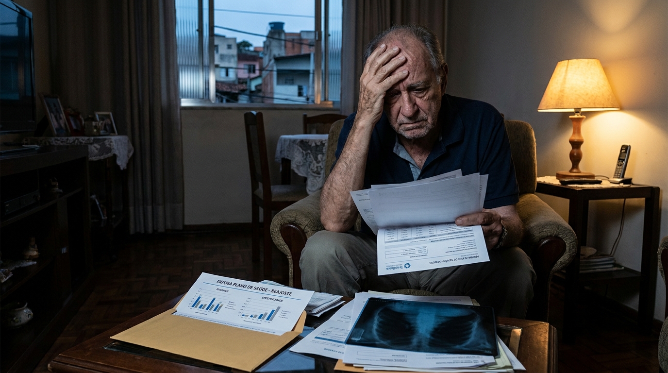 Trabalhador brasileiro idoso com expressão de angústia segurando exames médicos e a fatura do plano de saúde em casa devido a sinistralidade plano empresarial