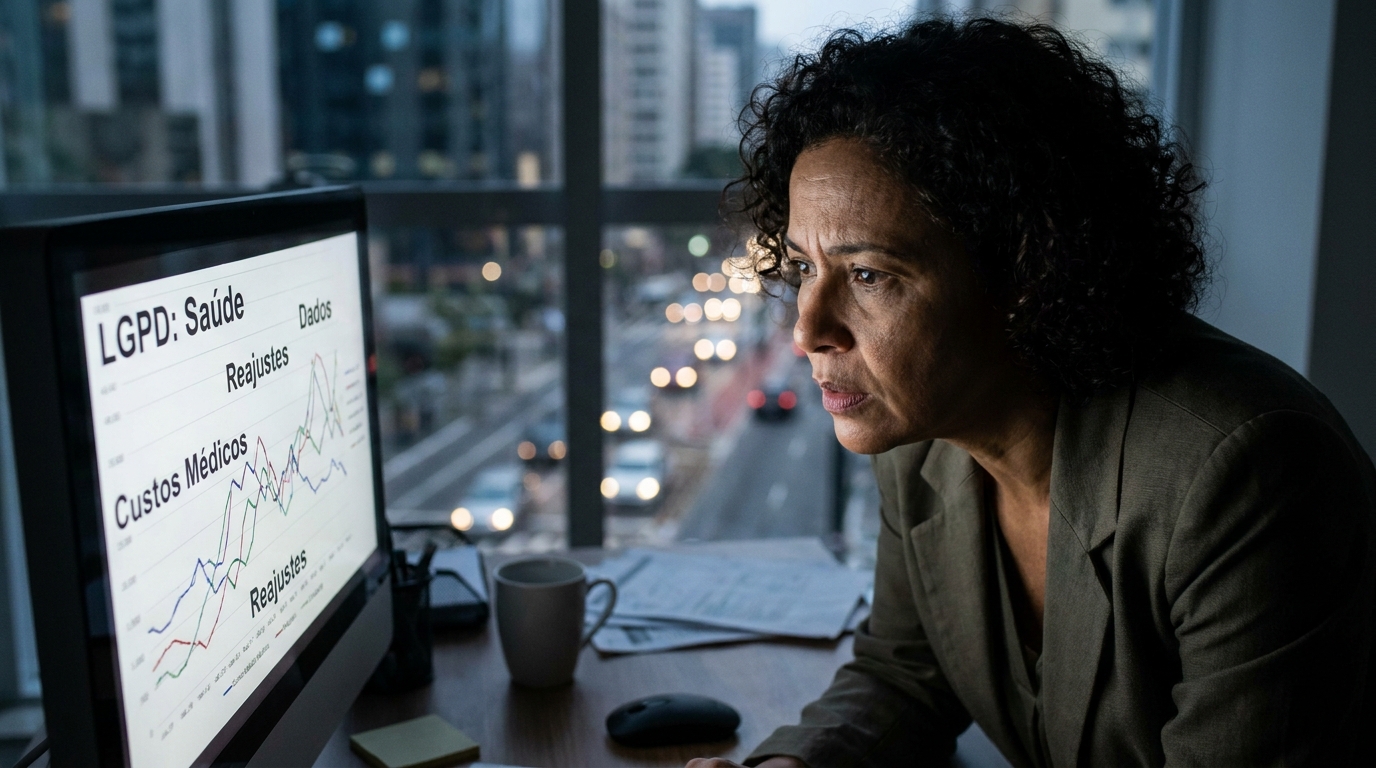 Profissional de RH brasileira tensa olhando para tela de computador com gráficos de LGPD na saúde e custos médicos