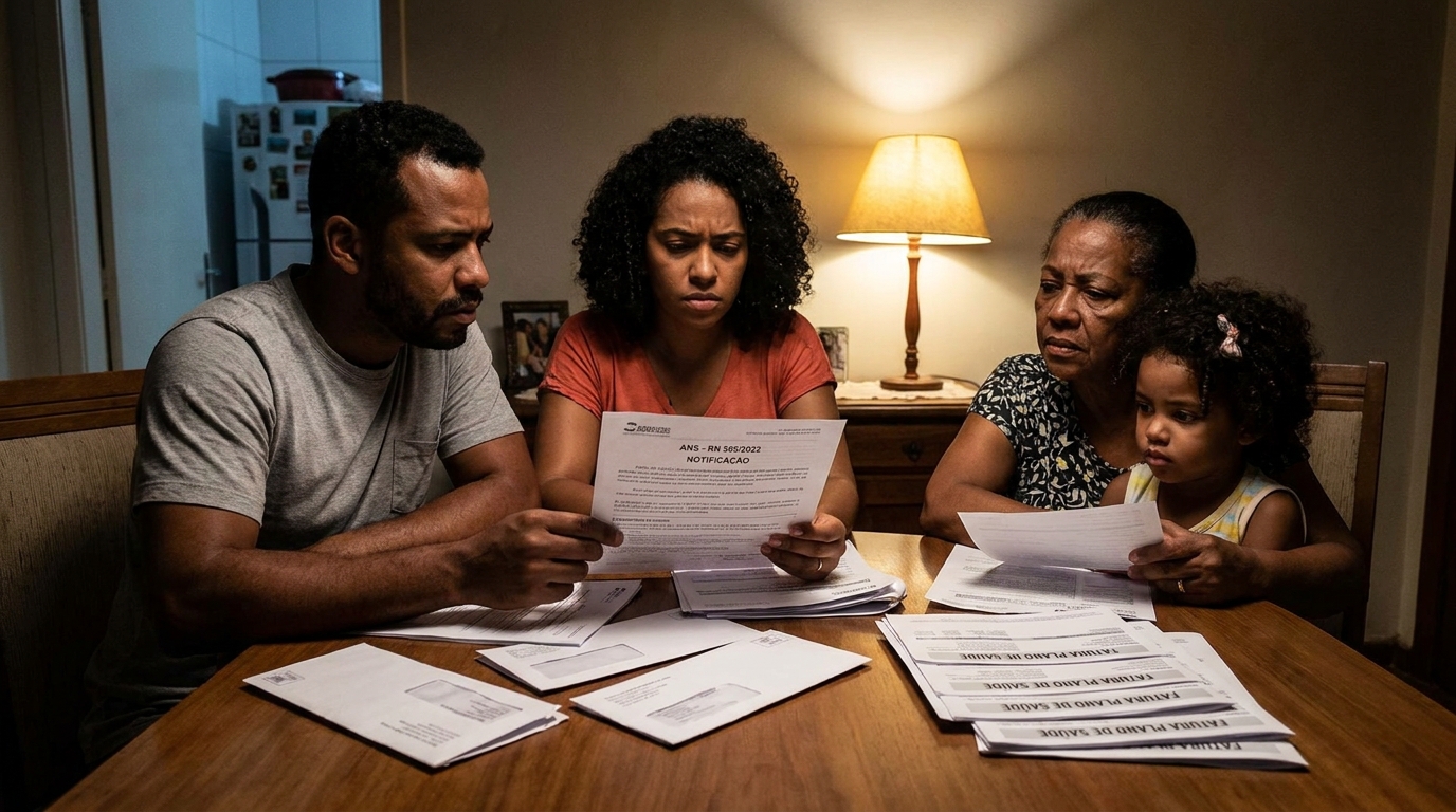Família brasileira multirracial sentada à mesa da sala de jantar com feições preocupadas analisando notificação de regulação ANS e faturas acumuladas