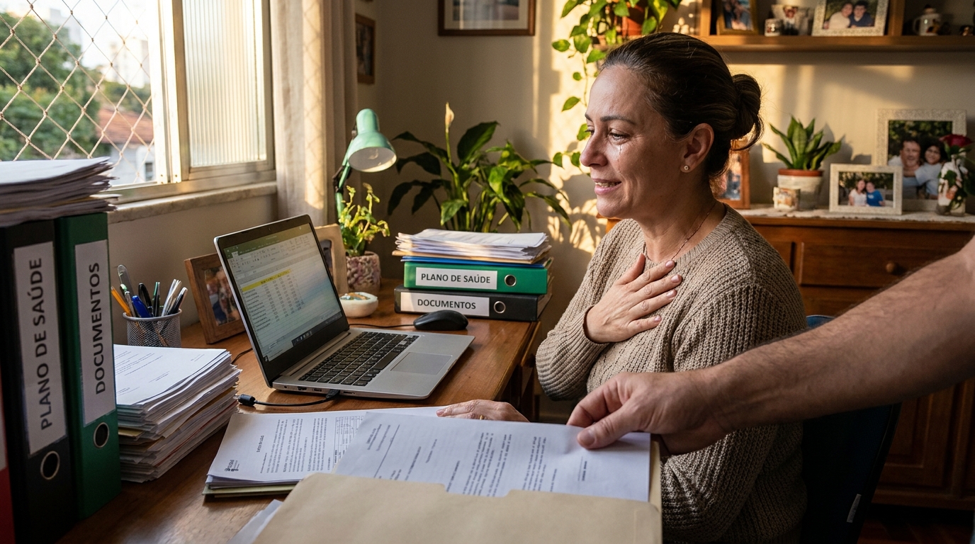 Dona de pequena empresa brasileira aliviada organizando documentos em sua mesa após consultoria com advogado plano de saúde SP sobre reajuste abusivo