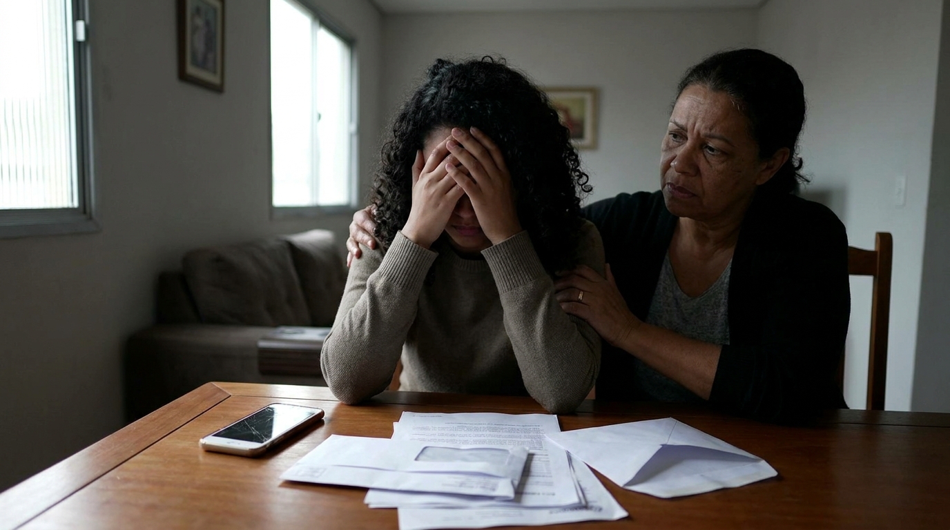 Jovem estudante brasileira com expressão de angústia segurando o celular após ser vítima de fraude boleto universidade