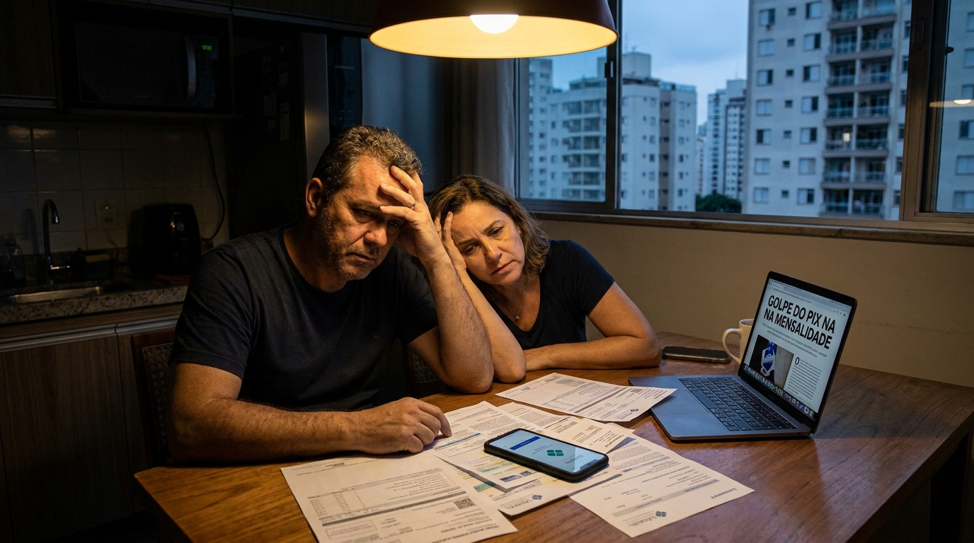Pais brasileiros preocupados sentados à mesa da sala analisando documentos financeiros e o golpe do pix mensalidade faculdade