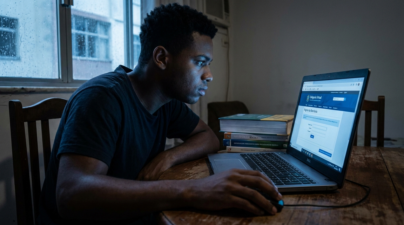 Estudante universitário negro prestando queixa em delegacia virtual pelo notebook para acionar o Mecanismo Especial de Devolução MED