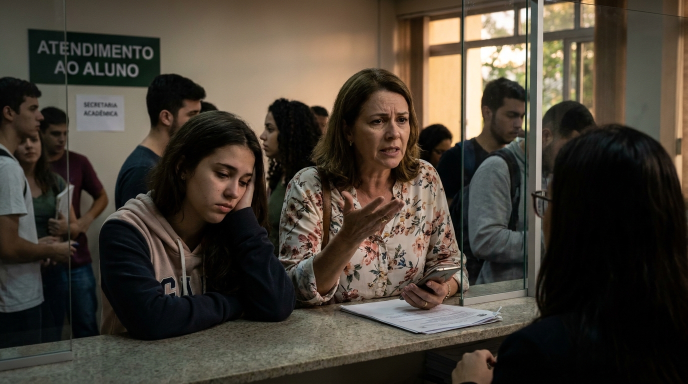 Mãe e filha em frente à secretaria da faculdade tentando resolver um problema de estelionato digital vestibular com expressões de frustração