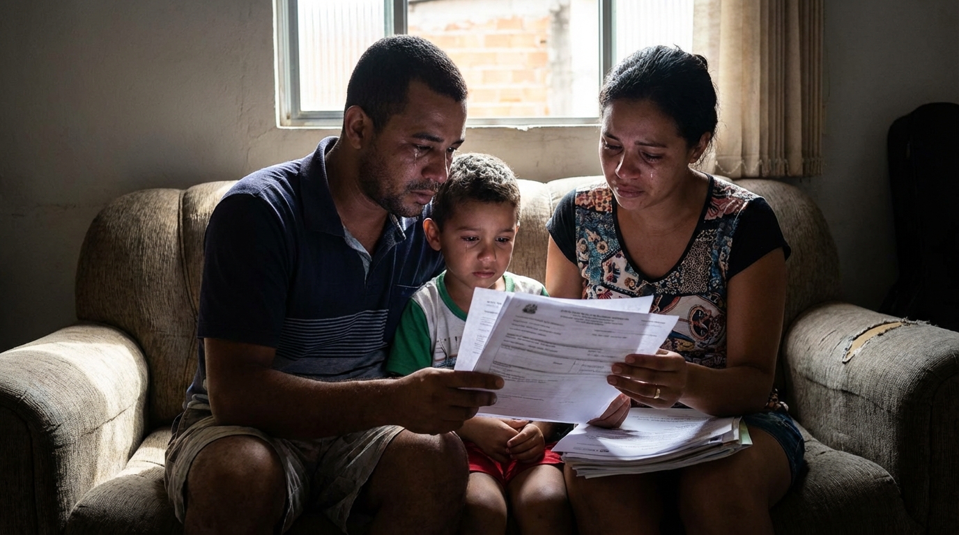 Família brasileira abraçada no sofá de casa, com expressões de preocupação e tristeza ao revisar laudos médicos, ilustrando o impacto emocional de buscar justiça em um processo por erro médico