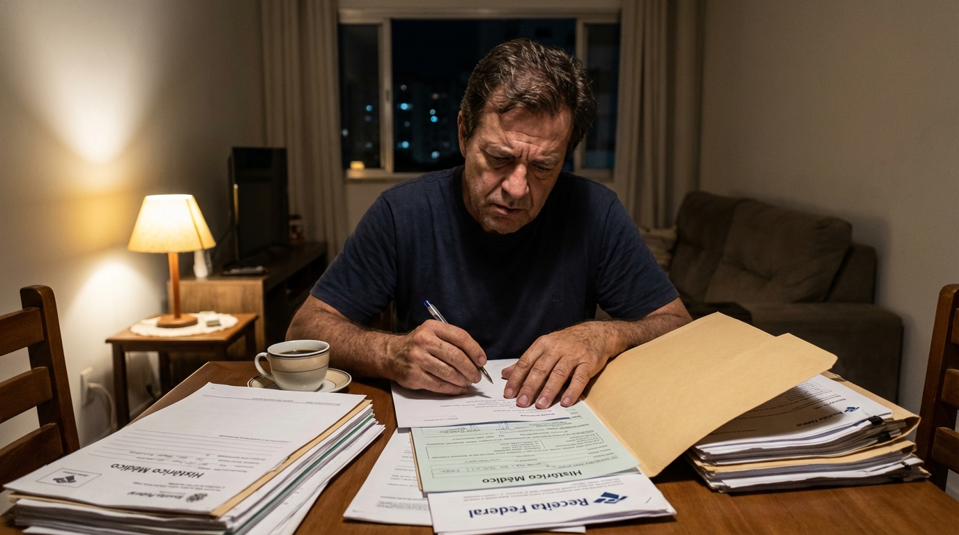 Cidadão brasileiro em sua mesa de jantar à noite, iluminado por um abajur, organizando meticulosamente uma pasta com histórico médico e receitas em busca de seus direitos