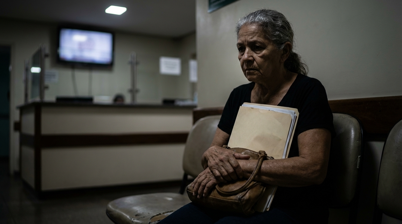 Mulher brasileira idosa na sala de espera de um consultório, segurando firmemente sua bolsa e documentos, refletindo a tensão antes de uma avaliação de saúde