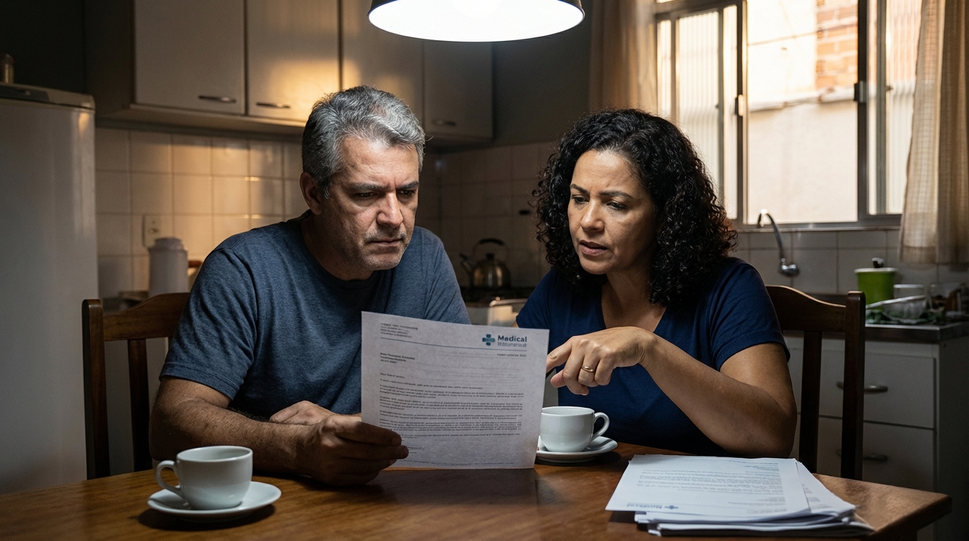 Casal brasileiro conversando seriamente na cozinha, analisando uma carta oficial de convênio médico, com expressões de determinação para buscar seus direitos e indenização