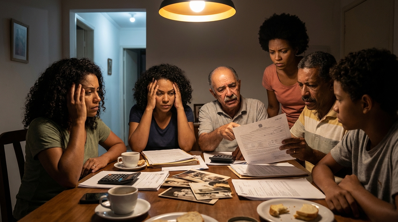 Família brasileira preocupada na mesa de jantar analisando altos custos de inventário e buscando opções de proteção patrimonial